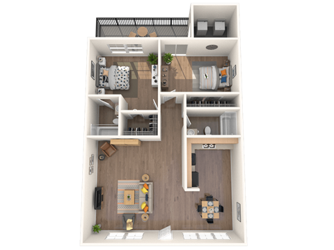 3D floorplan of a two-bedroom apartment at Coronado Springs Apartments in Palm Springs, Florida, showing an open-concept living and dining area, modern kitchen with full appliances, spacious bedroom, bathroom, and private patio or balcony